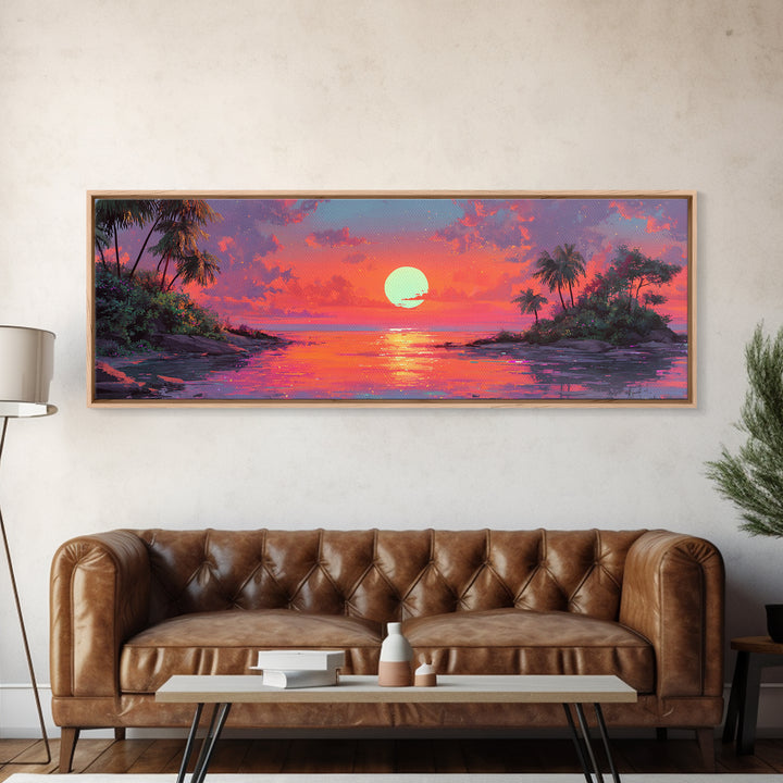 Tropical Island Sunset Cove Wall Art, Extra Wide Canvas Print, Coastal Beach House Decor, Vibrant Ocean Living Room Wall Decor