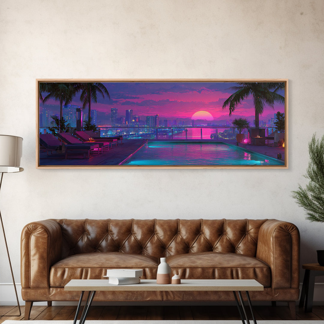 Neon Rooftop Pool At Sunset Framed Canvas Print, Cyberpunk City Wall Art, Tropical Miami Decor, Vaporwave Living Room Art