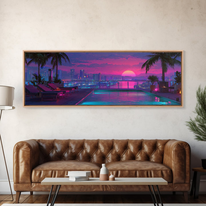 Neon Rooftop Pool At Sunset Framed Canvas Print, Cyberpunk City Wall Art, Tropical Miami Decor, Vaporwave Living Room Art
