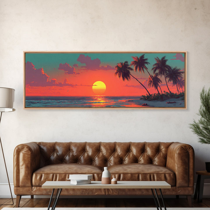 Tropical Palm Beach Sunset Wall Art, Retro Coastal Canvas Print, Ocean Seascape Decor, Summer Beach House Art Print Gift