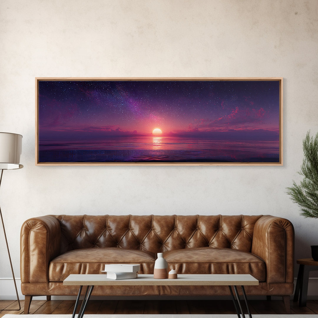 Starry Purple Ocean Sunset Wall Art, Celestial Seascape Canvas Print, Coastal Bedroom Decor, Romantic Beach House Gift For Her
