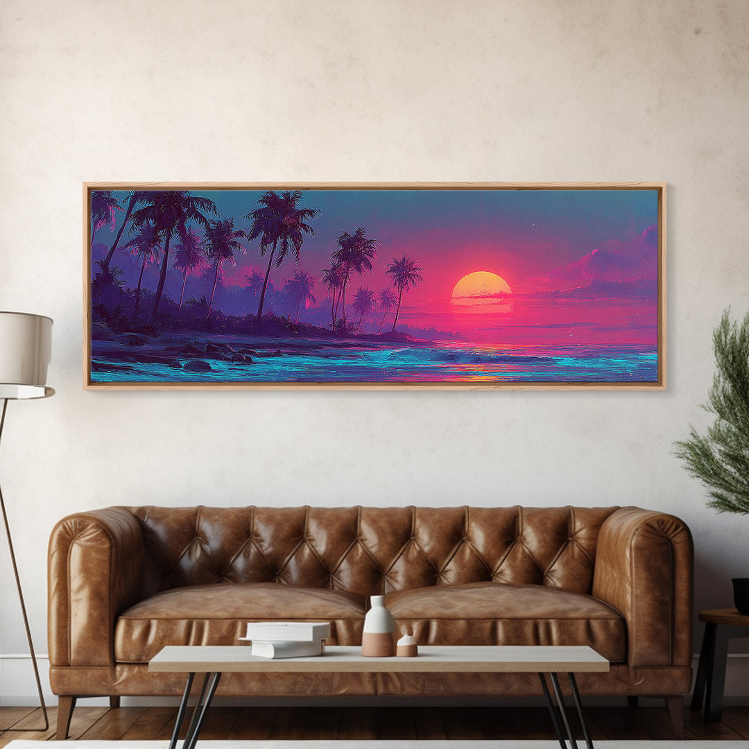 Pink Tropical Palm Island Sunset Wall Art, Neon Ocean Waves, Coastal Beach House Decor, Large Horizontal Canvas Print Poster