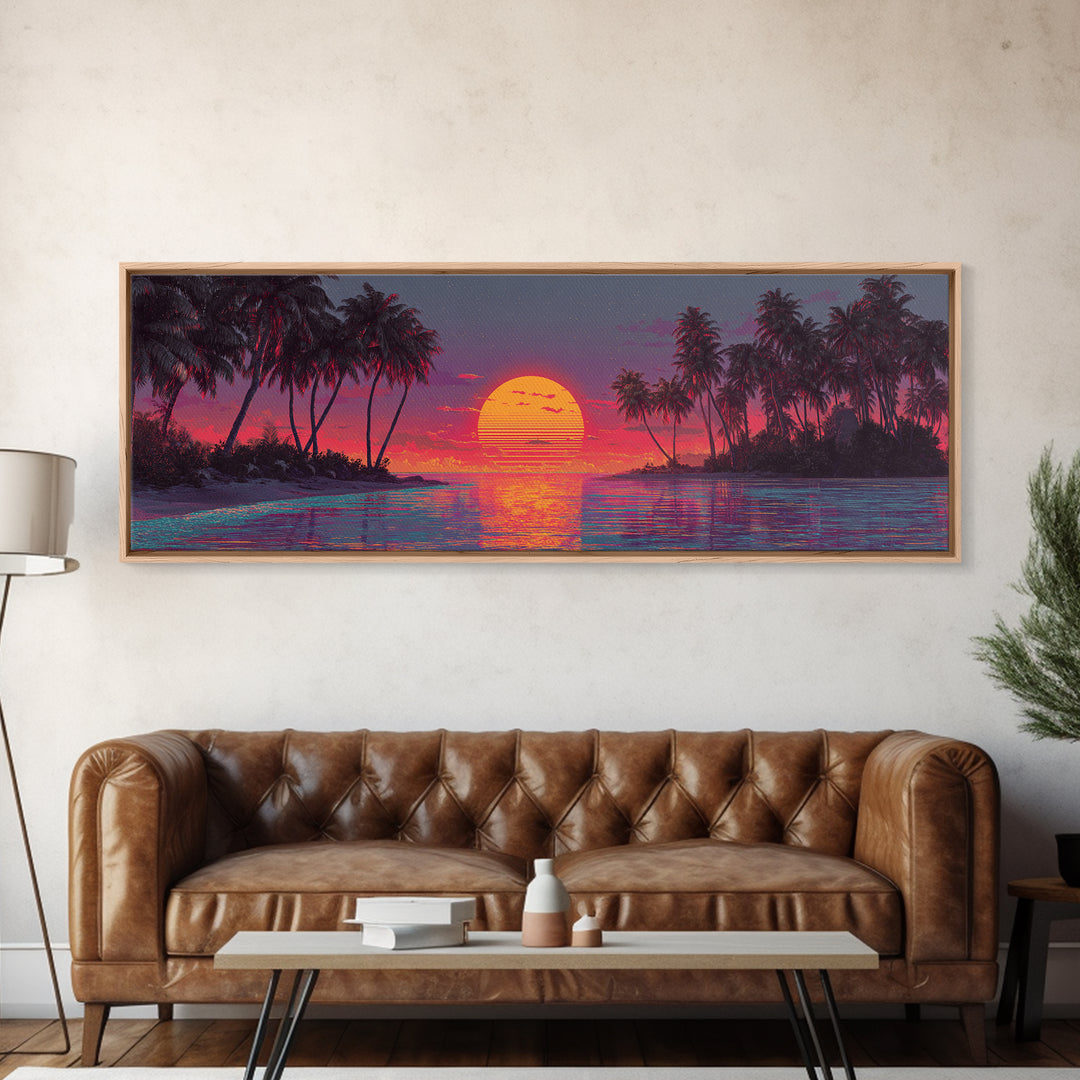 Starry Tropical Island Sunset Over Lagoon Framed Canvas Print, Coastal Wall Art, Beach House Decor, Vibrant Ocean Poster