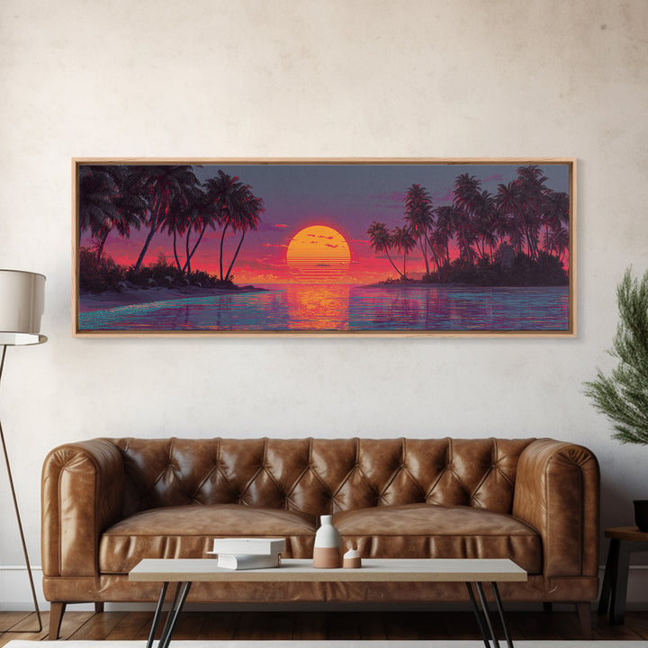 Starry Tropical Island Sunset Over Lagoon Framed Canvas Print, Coastal Wall Art, Beach House Decor, Vibrant Ocean Poster