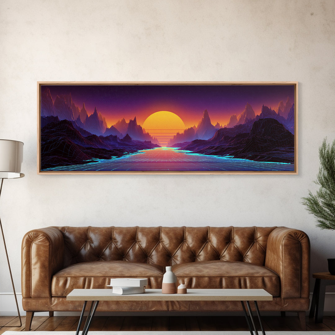 Neon Fantasy Mountain Valley Wall Art, Synthwave Landscape Canvas Print, Futuristic Decor, Gaming Room, Large Poster, Home Decor