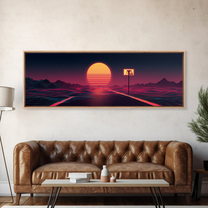 Lonely Neon Desert Highway With Retro Sun Canvas Print, Vaporwave Wall Art, Futuristic Decor, Gamer Room Poster Gift For Him