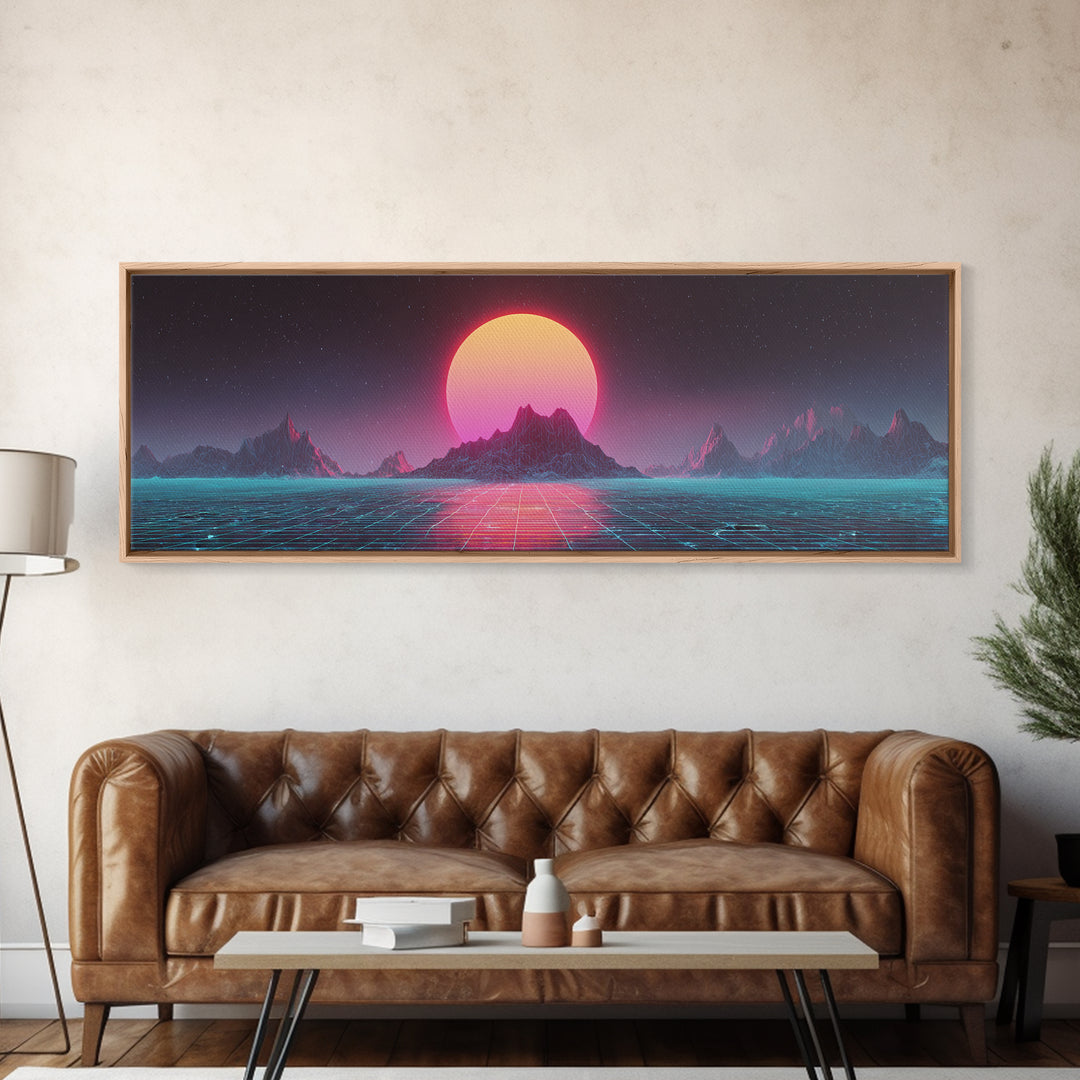 Alien Mountain Grid Sunset Wall Art, Retro Futuristic Synthwave Landscape, Vaporwave Home Decor, Large Horizontal Art Print