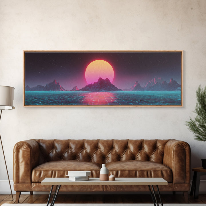Alien Mountain Grid Sunset Wall Art, Retro Futuristic Synthwave Landscape, Vaporwave Home Decor, Large Horizontal Art Print