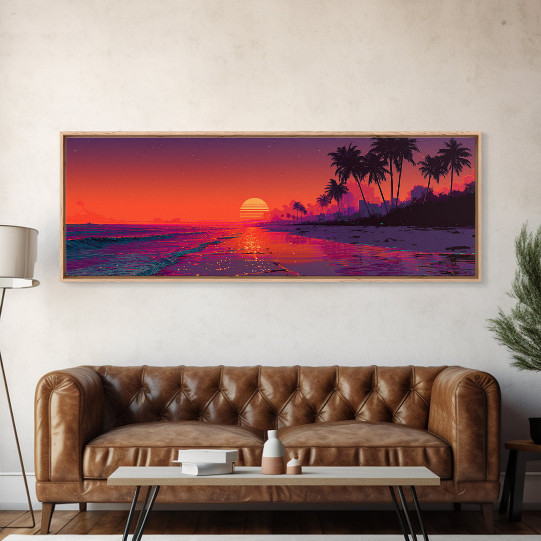 Retro Neon Tropical Beach Sunset Wall Art, Synthwave Coastal Decor, Palm Tree Ocean Print, Vibrant Summer Canvas Gift Idea