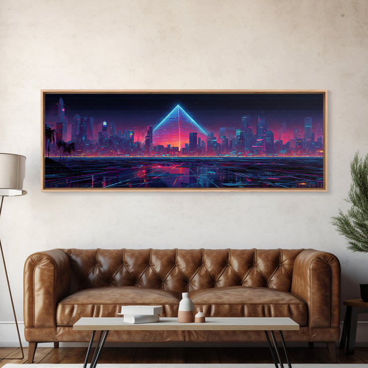 Cyberpunk Neon City With Glowing Pyramid, Futuristic Wall Art, Synthwave Canvas Print, Gaming Room Decor, Modern Office Art