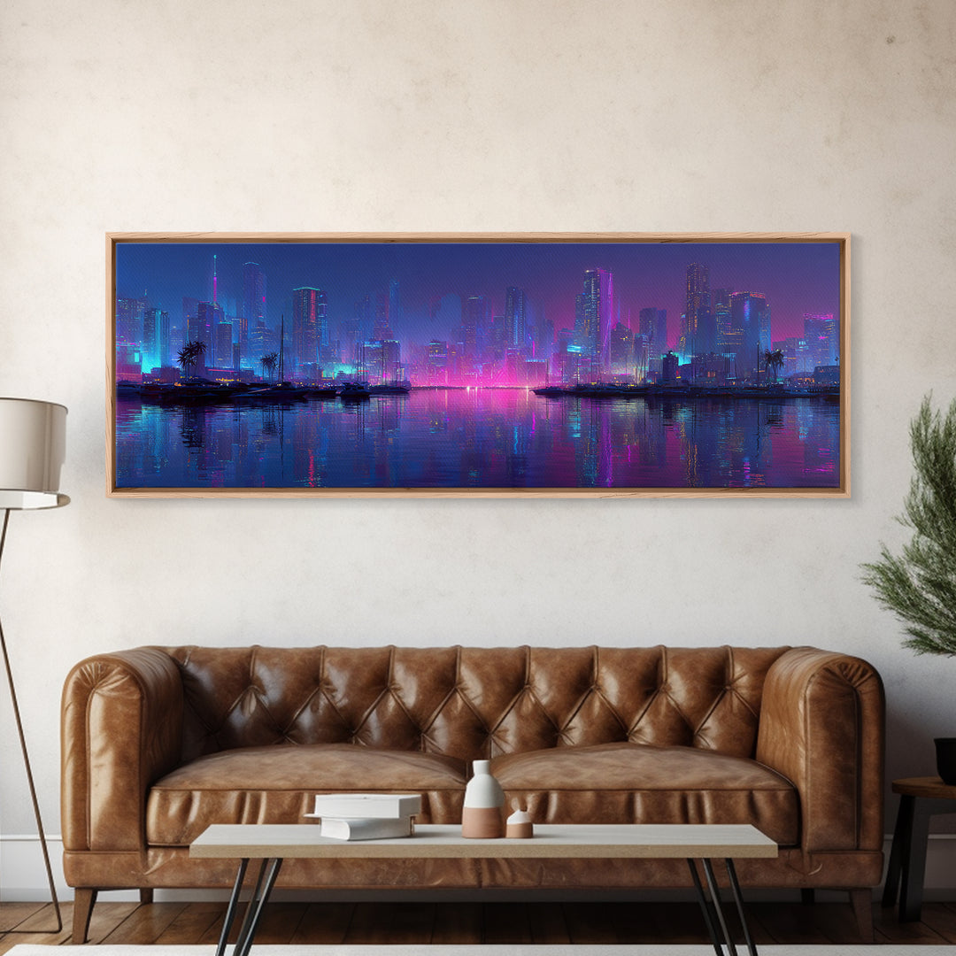 Neon Cyberpunk Skyline Canvas Print, Futuristic Cityscape Wall Art, Vaporwave Office Decor, Large Modern Urban Night Art