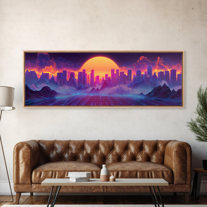 Synthwave City Sunset Skyline Canvas Print, Retro Futuristic Wall Art, Neon Mountain Decor, Vaporwave Living Room Art, Home Decor