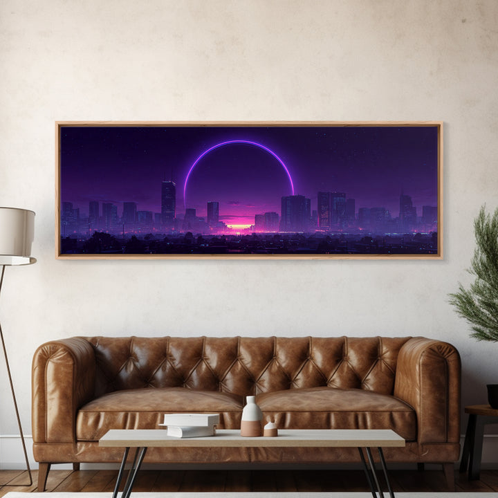 Neon City Skyline With Purple Eclipse Canvas Print, Cyberpunk Wall Art, Futuristic Urban Decor, Gaming Room Statement Art