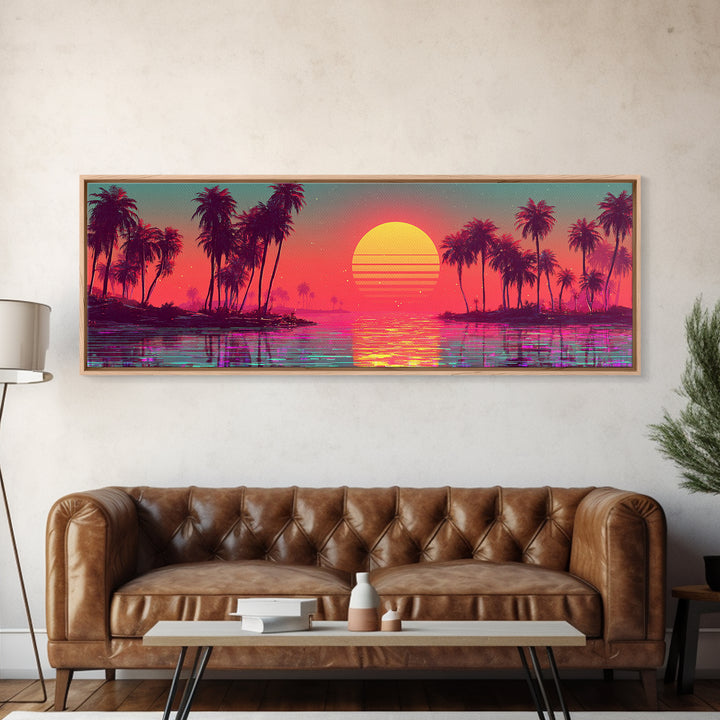 Pastel Tropical Lagoon Sunset With Palms, Vaporwave Canvas Print, Coastal Wall Art, Beach House Decor, Pink Room Decor Print