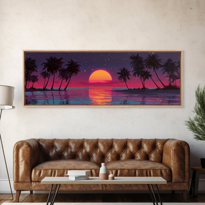 Retro Tropical Sunset Over Palm Island Wall Art, Neon Ocean Landscape, Coastal Decor, Beach House, Large Horizontal Print