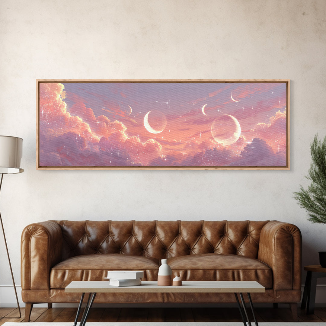 Pink Celestial Cloudscape With Crescent Moons Canvas Print, Dreamy Wall Art, Starry Nursery Decor, Romantic Bedroom Art Print