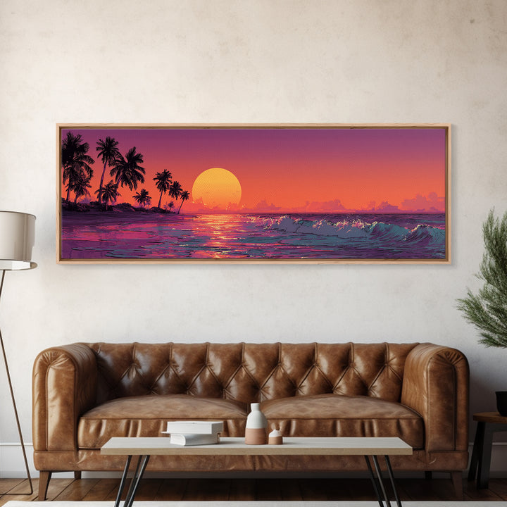 Tropical Orange Sunset Over Ocean Canvas Print, Palm Tree Beach Wall Decor, Coastal Seascape Art For Living Room, Home Decor