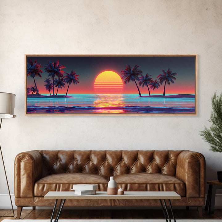 Retro Palm Island Sunset Canvas Print, Tropical Beach Wall Art, Coastal Decor, Summer Vibes, Large Living Room Poster, Home Decor