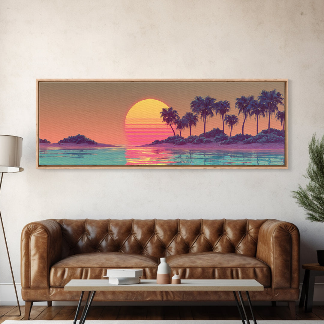 Tropical Palm Island Sunset Canvas Print, Retro Coastal Wall Art, Beach House Decor, Vaporwave Summer Landscape Art Print