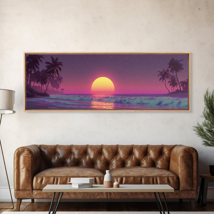 Dreamy Tropical Moonrise Over Ocean Canvas Print, Vaporwave Beach Wall Art, Palm Tree Decor, Coastal Bedroom, Sunset Print