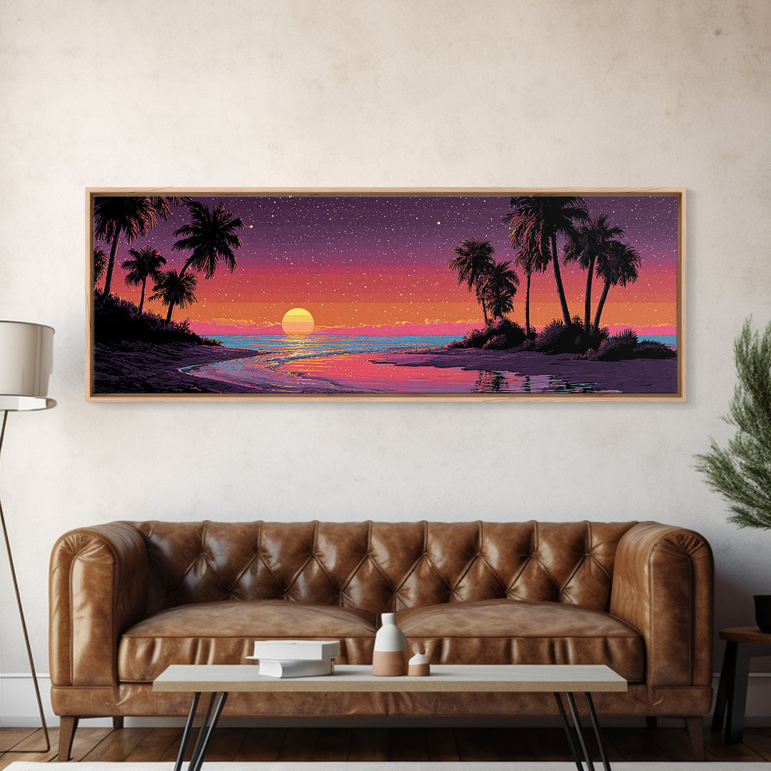 Tropical Pixel Sunset Beach With Palms, Retro Vaporwave Canvas Print, Coastal Wall Art, Beach House Decor, Gift For Her Print