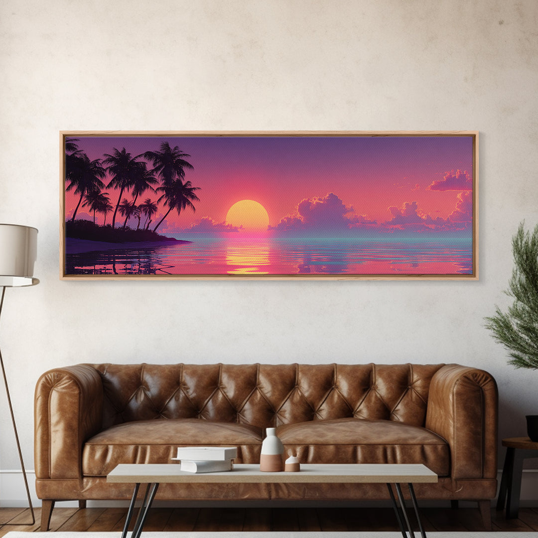 Pastel Island Sunset Over Calm Ocean Canvas Print, Tropical Palm Beach Wall Art, Coastal Home Decor, Pink Seascape Print
