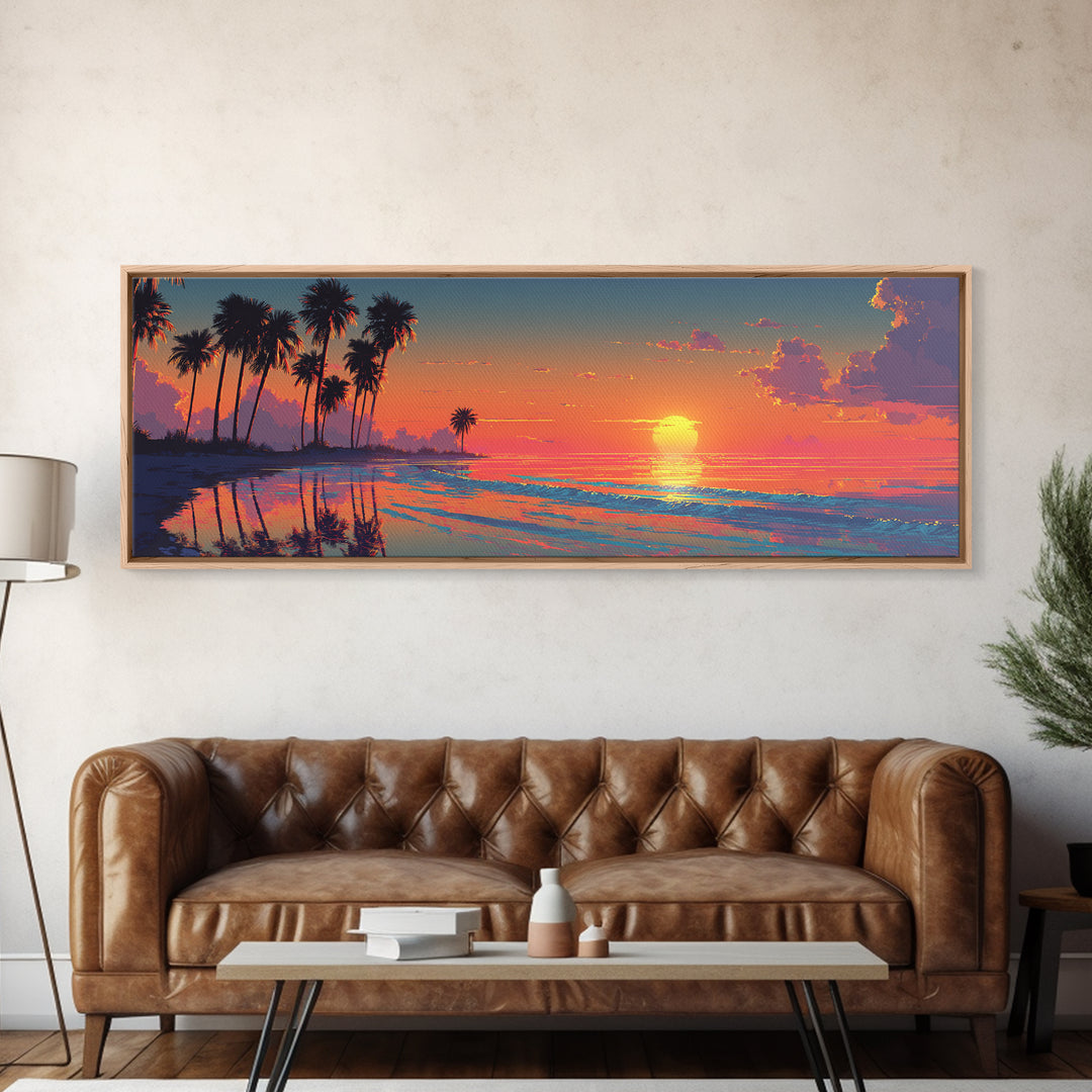 Orange Sunset Palm Beach Lagoon Wall Art, Tropical Canvas Print, Coastal Decor, Beach House Decor, Ocean Living Room Art