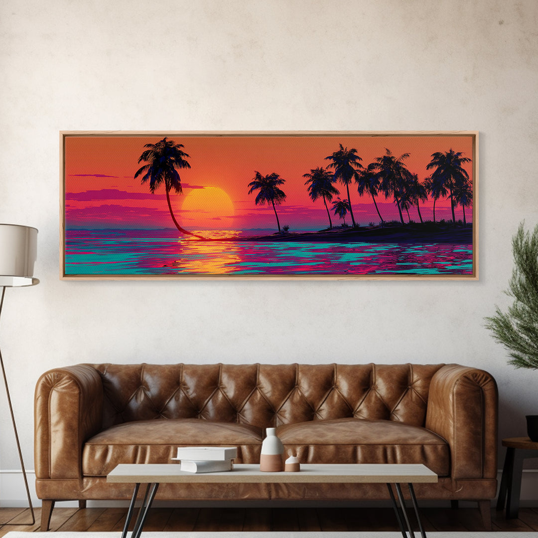 Palm Island Sunset With Neon Ocean, Tropical Wall Art, Coastal Canvas Print, Beach House Decor, Colorful Living Room Art