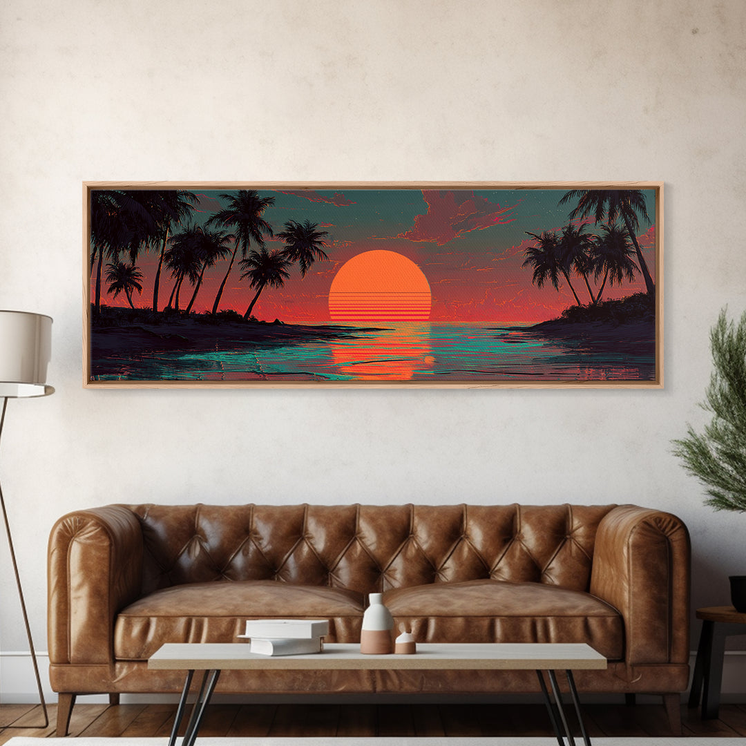 Tropical Palm Island Sunset Wall Art, Retro Beach Canvas Print, Coastal Decor, Ocean Poster, Summer Housewarming Gift, Tropical Home Decor