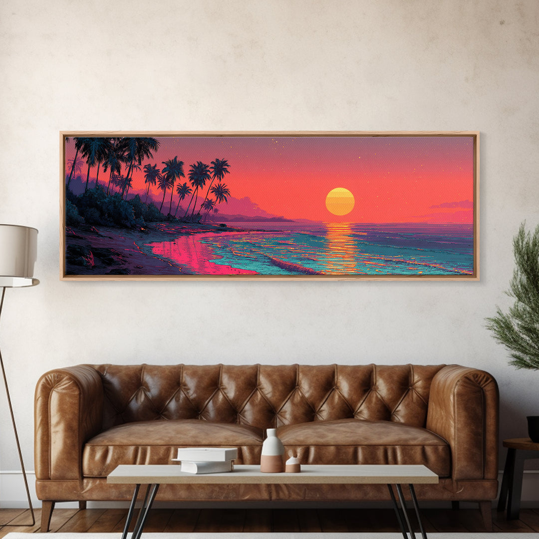 Neon Tropical Beach Sunset With Palms Wall Art, Coastal Decor, Pink Ocean Landscape, Retro Panoramic Summer Canvas Print