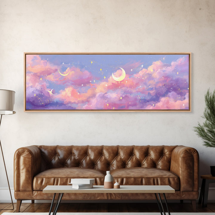 Pastel Crescent Moon Clouds Wall Art, Magical Celestial Nursery Decor, Whimsical Kids Room Print, Dreamy Bedroom Canvas Art