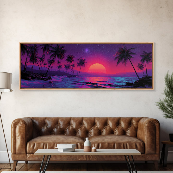 Neon Tropical Palm Beach Canvas Print, Retro Sunset Wall Art, Coastal Decor, Vaporwave Ocean Art Print, Summer Bedroom Art
