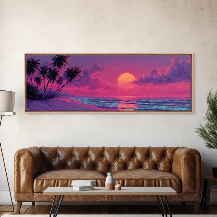 Pink Tropical Beach Sunset Wall Art, Ocean Palm Tree Canvas Print, Coastal Landscape Decor For Bedroom Living Room Wall Decor