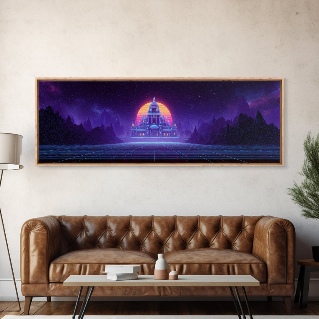 Neon Temple Beneath Cosmic Sunset Framed Canvas Print, Synthwave Wall Art, Futuristic Decor, Sci Fi Living Room Art, Home Decor