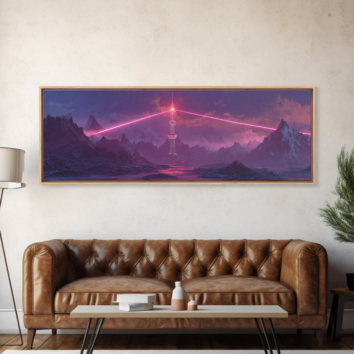 Cyberpunk Mountain Tower Canvas Print, Neon Sci Fi Wall Art, Futuristic Landscape Decor, Gaming Room Poster, Gift For Him