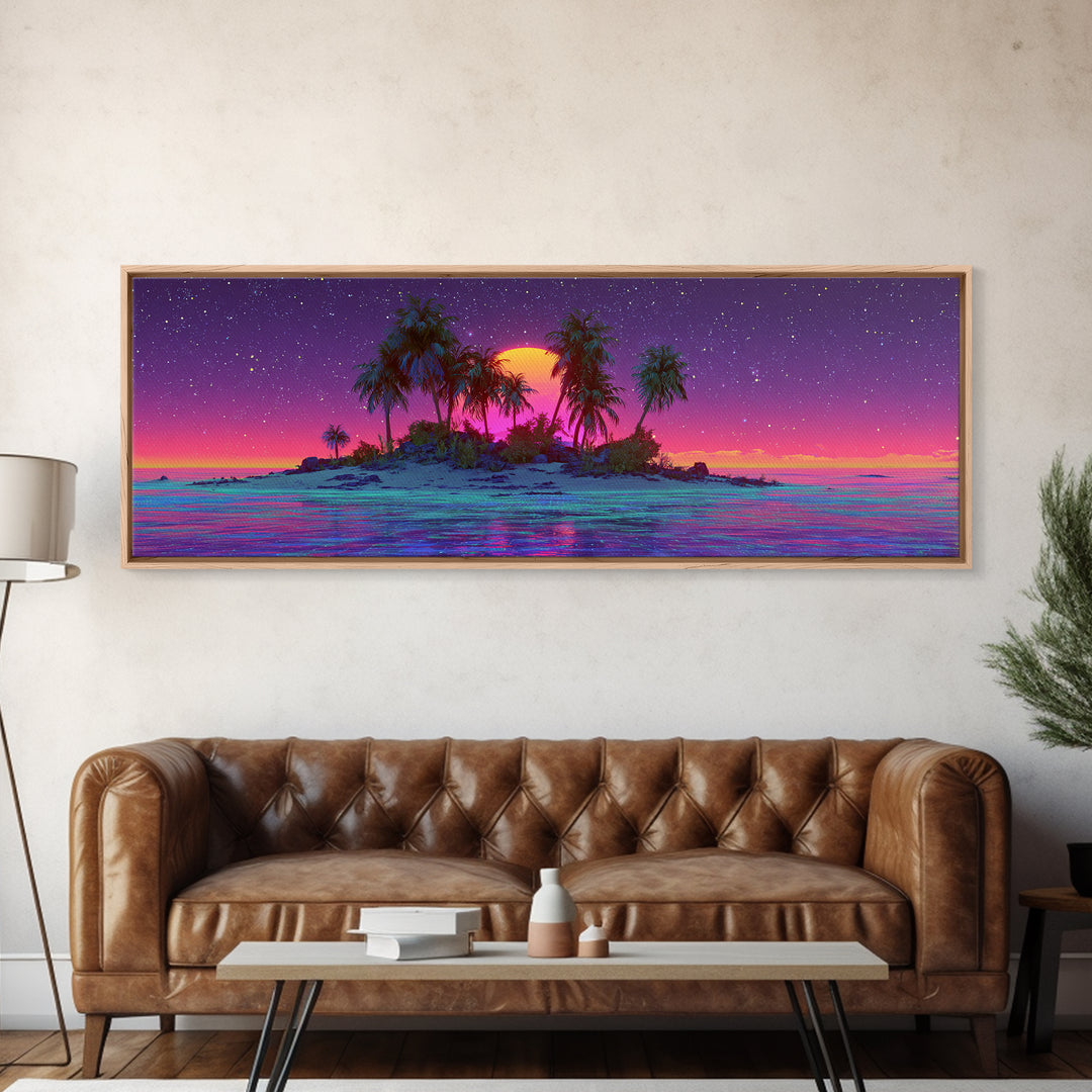 Neon Island Moonrise Wall Art, Starry Tropical Ocean Canvas Print, Purple Pink Coastal Decor, Fantasy Beach House Living Room Print
