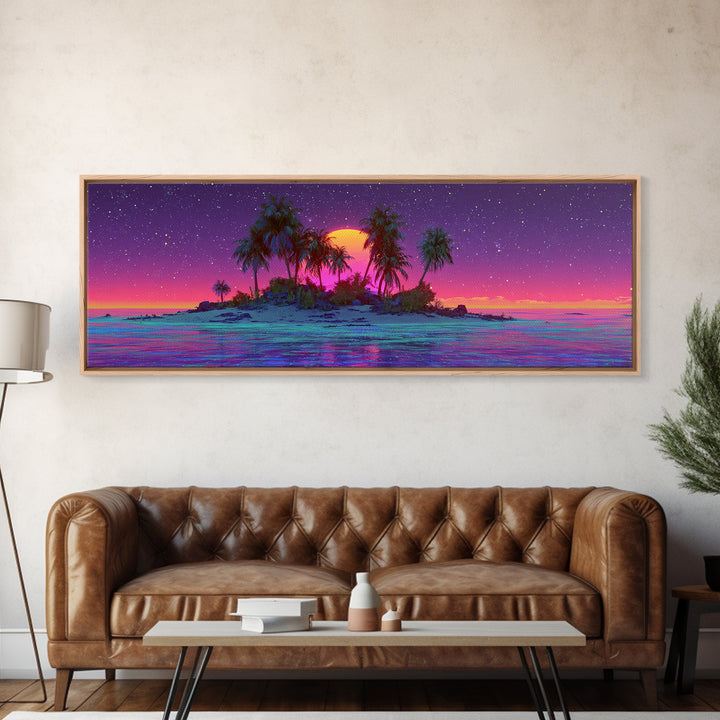 Neon Island Moonrise Wall Art, Starry Tropical Ocean Canvas Print, Purple Pink Coastal Decor, Fantasy Beach House Living Room Print