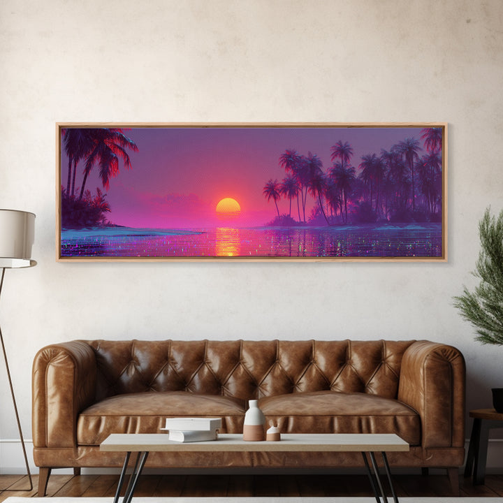 Pink Tropical Ocean Sunset Canvas Print, Palm Island Wall Art, Coastal Beach Decor, Large Vibrant Seascape Wall Art Print