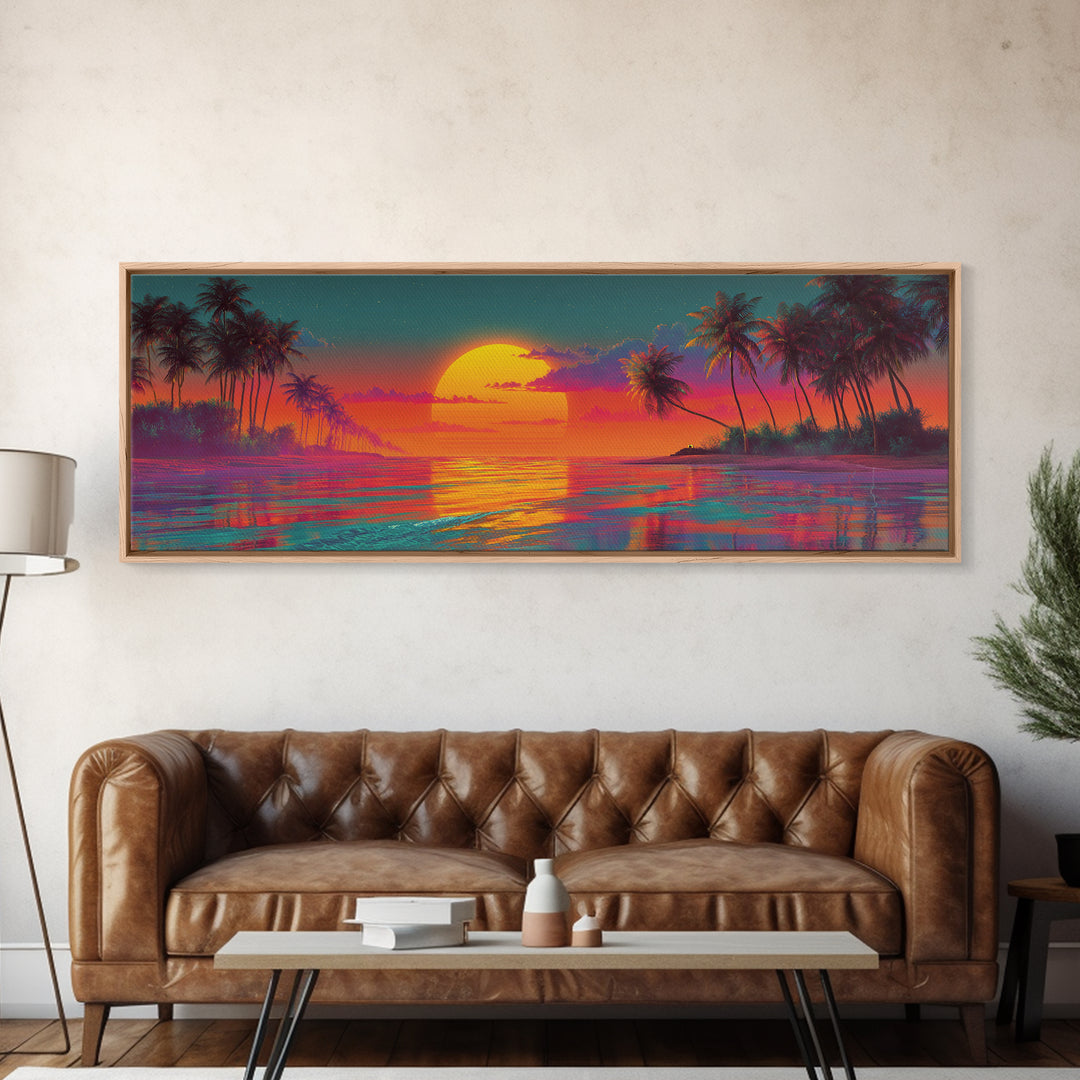 Vibrant Tropical Sunset Lagoon Wall Art, Extra Wide Panoramic Canvas Print, Beach House Decor, Coastal Living Room Wall Decor