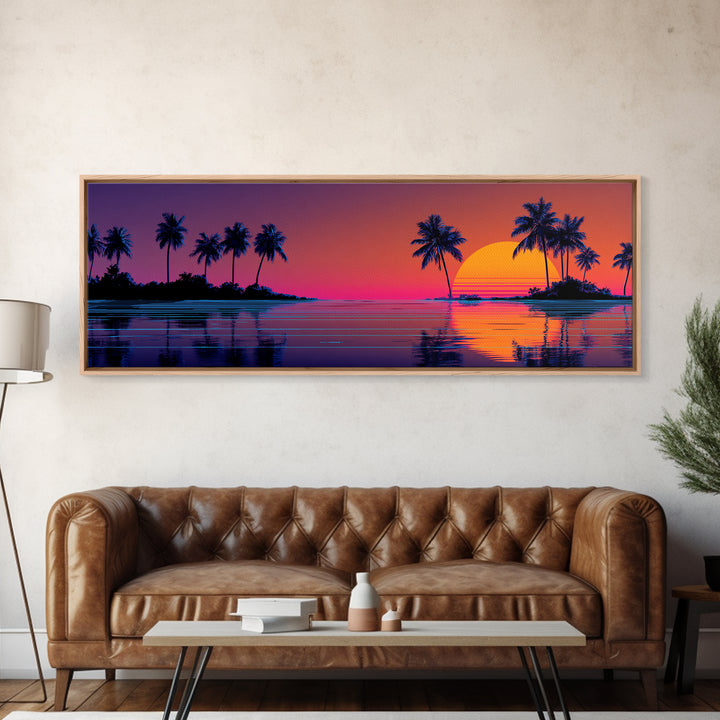 Tropical Island Sunset With Palm Trees Canvas Print, Retro Coastal Wall Art, Beach House Decor, Ocean Print For Living Room