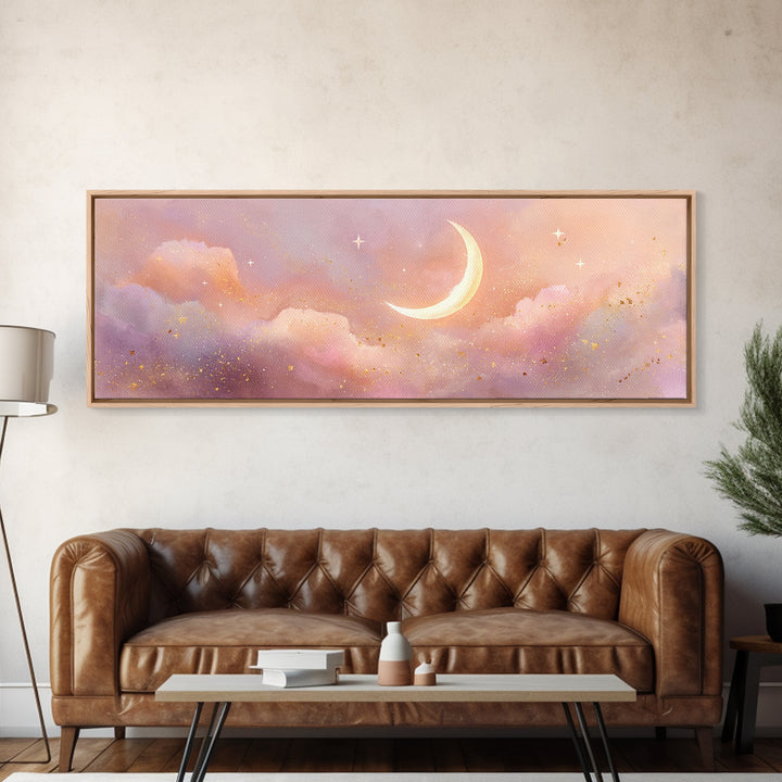 Peach Crescent Moon Over Pastel Clouds Framed Canvas Print, Celestial Wall Art, Soft Nursery Decor, Calming Bedroom Art Print