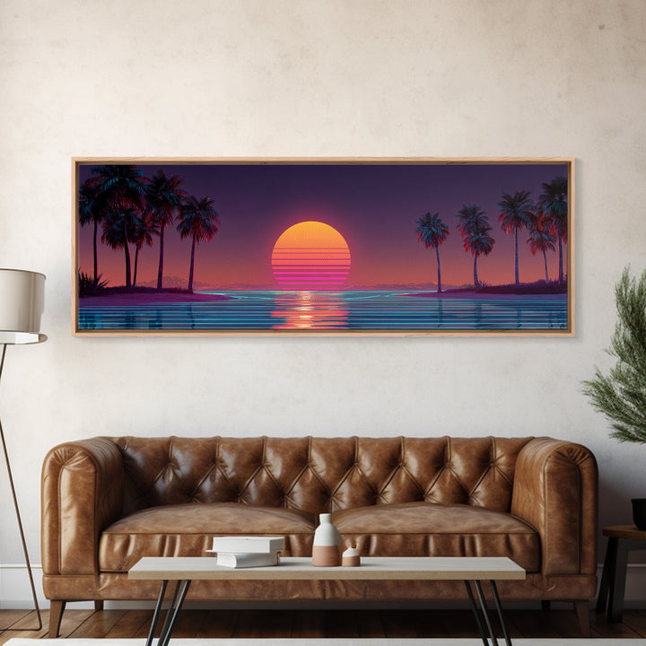 Retro Tropical Palm Sunset Wall Art, Vaporwave Beach Canvas Print, Neon Coastal Decor, 80s Aesthetic Room Decor, Gift For Him