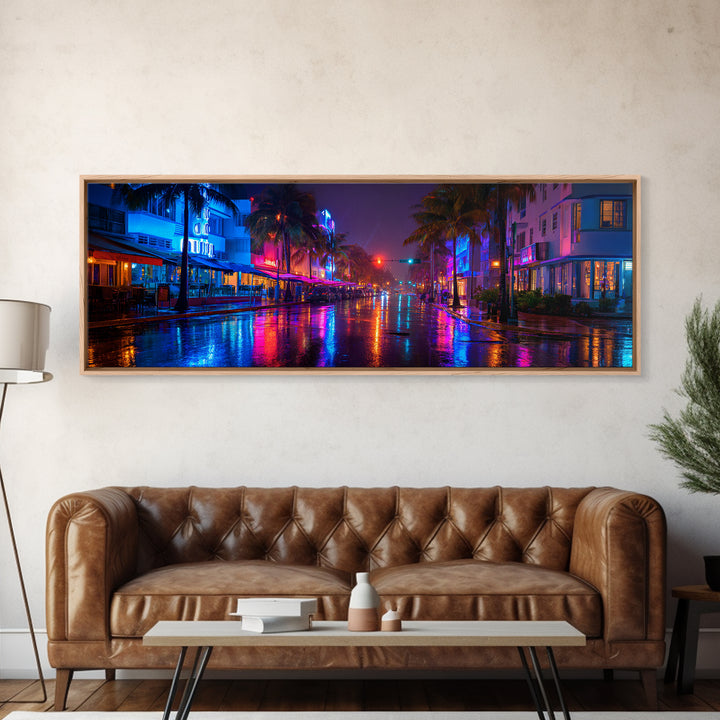 Rainy Neon Miami Street At Night Canvas Print, Cyberpunk City Wall Art, Urban Photography Decor For Modern Home Office Wall Decor
