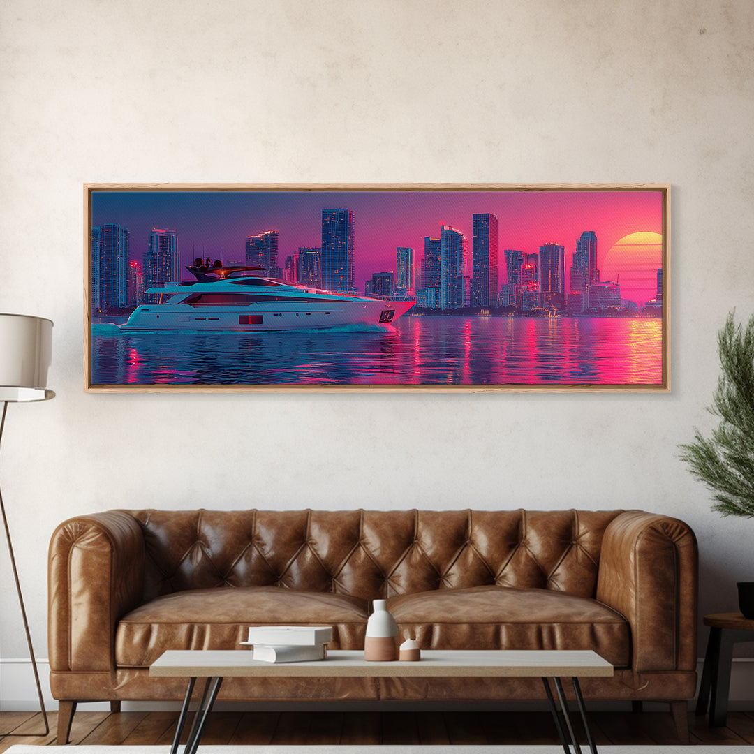Neon Yacht And Miami Skyline Framed Canvas Print, Cyberpunk Coastal Wall Art, Vaporwave City Decor, Luxury Beach Poster Print