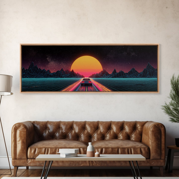 Retro Synthwave Car At Neon Sunset Canvas Print, Futuristic Wall Art, 80s Vaporwave Decor, Gaming Room, Gift For Him, Modern Home Decor