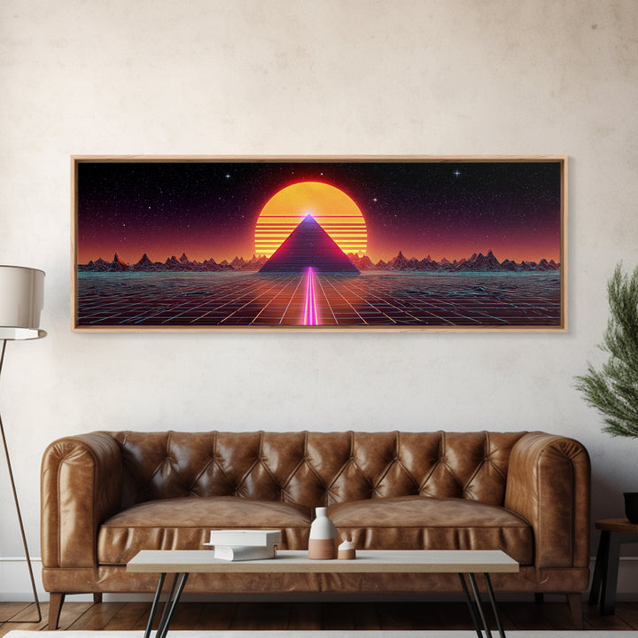 Neon Pyramid Sunset Grid Canvas Print, Retro Futuristic Wall Art, Synthwave Decor, Gaming Room Decor, Large Statement Artwork
