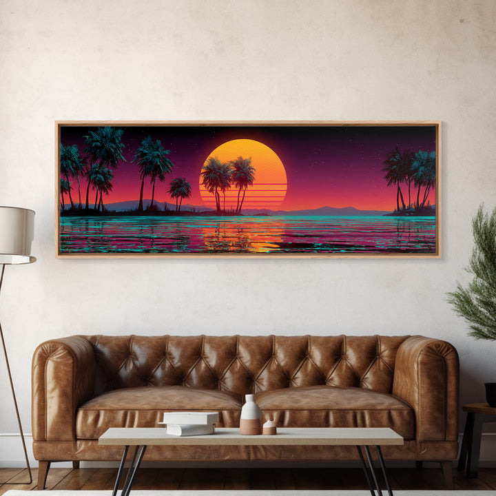 Neon Tropical Sunset Palms Over Ocean Canvas Print, Retro Futuristic Wall Art, Synthwave Beach Decor For Modern Living Room