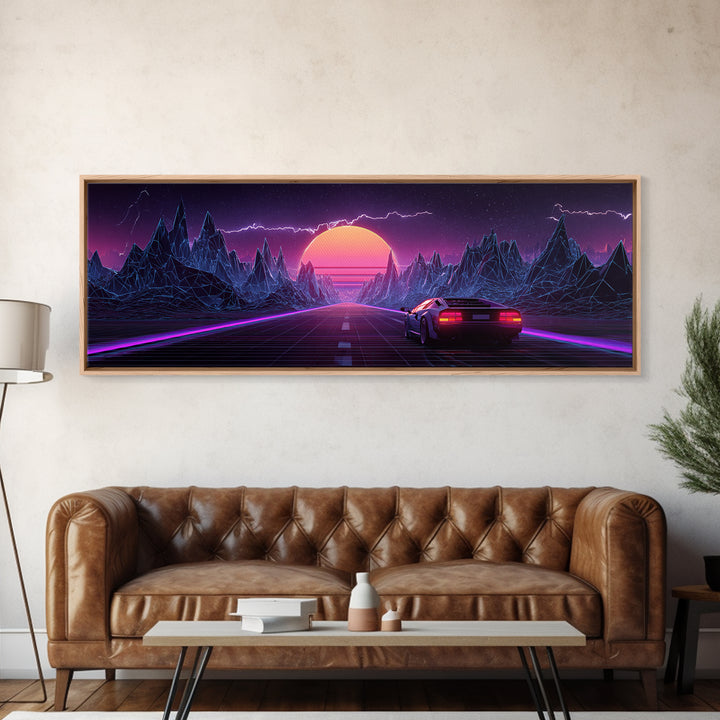 Synthwave Mountain Highway Canvas Print, Retro Futuristic Car Wall Art, Neon Gaming Room Decor, Vaporwave Poster, Cyberpunk Gift For Him