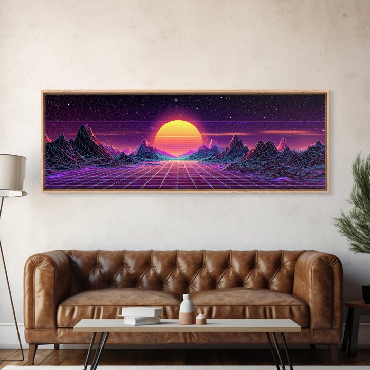 Retro Futuristic Mountain Grid Sunset Canvas Print, Synthwave Wall Art, Neon Vaporwave Decor For Game Room Or Dorm Room Decor