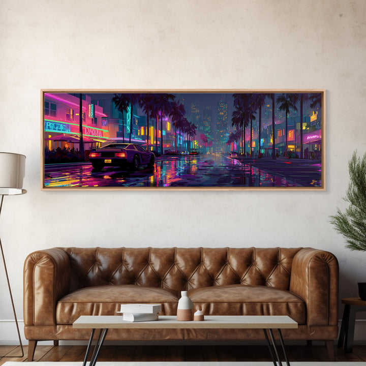 Neon Cyberpunk City Street Wall Art, Futuristic Canvas Print For Gaming Room Decor, Vaporwave Apartment Decor Gift For Him